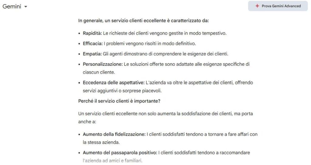 Google Gemini - Esempio di richiesta customer care