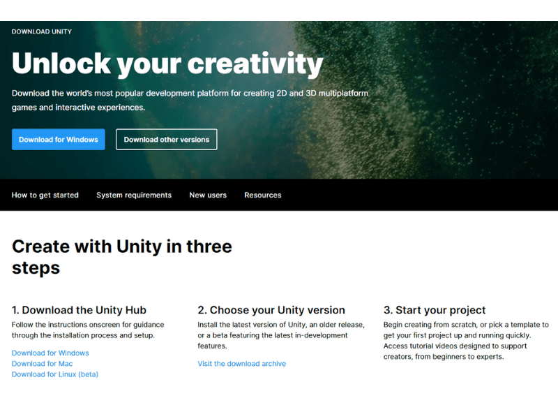 Unity pagina di download
