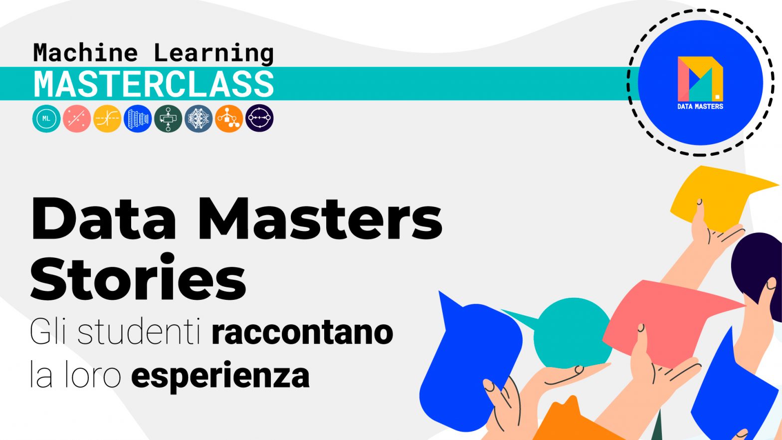 Copertina dell'articolo Data Masters Stories. L'immagine presenta icone simboliche relative all'apprendimento automatico e mani di studenti con carte colorate, rappresentando le loro esperienze.