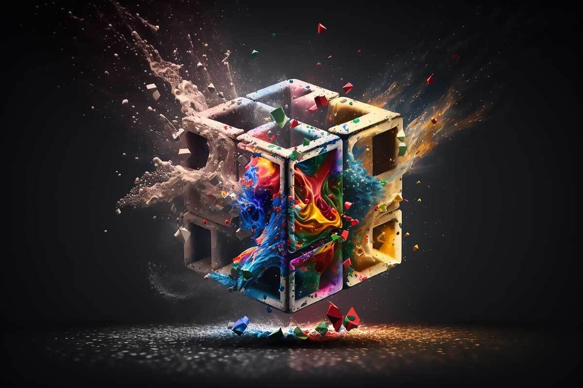 Immagine astratta di un cubo che esplode in un'esplosione di colori vivaci e forme, simbolizzando l'innovazione e la creatività dell'intelligenza artificiale generativa