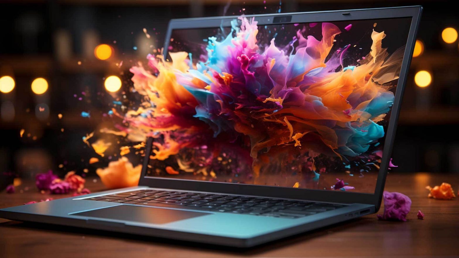 "Laptop con esplosione di colori rappresentante la creatività della Generative AI