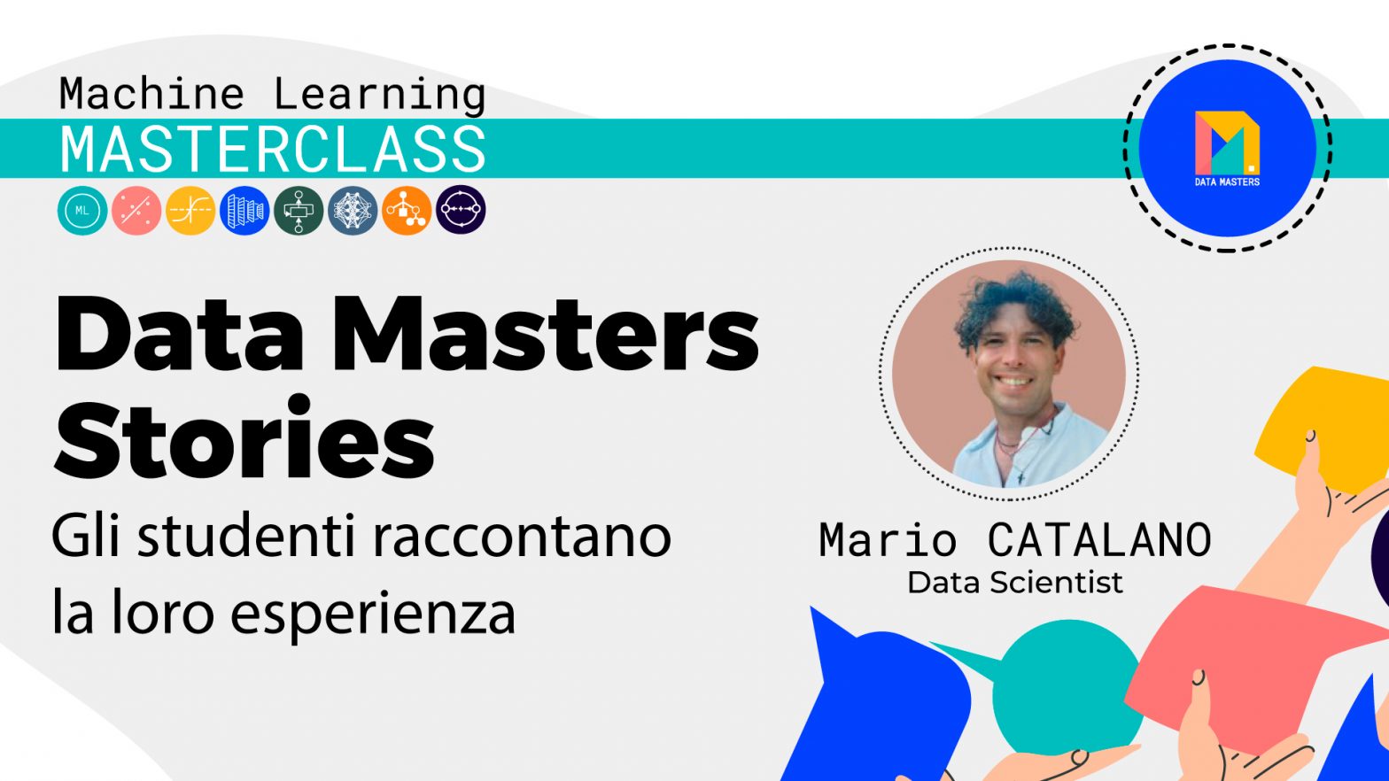 Copertina della serie Data Masters Stories mostrando un ritratto sorridente di Mario Catalano, Data Scientist, con icone di machine learning e il logo di Data Masters su sfondo colorato