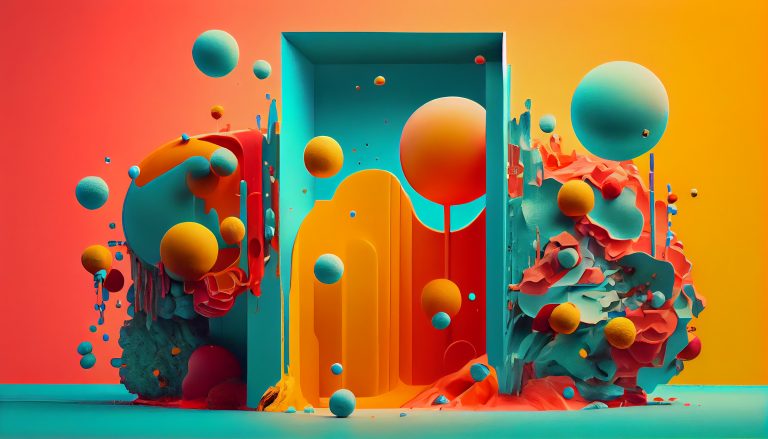 Arte astratta con sfere colorate galleggianti e forme fluide in un paesaggio surreale e colorato, rappresentazione della creatività della Generative AI