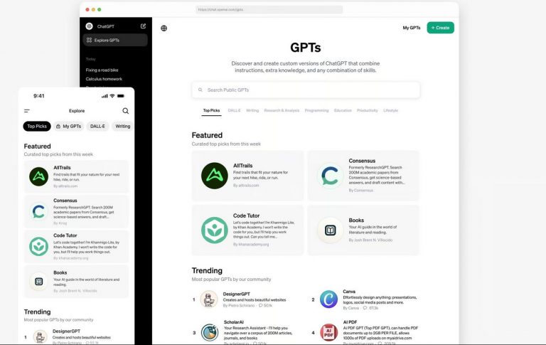 Immagine della pagina delle Custom GPTs mostrano versioni personalizzate di ChatGPT per evidenziare la personalizzazione e la versatilità dell'IA