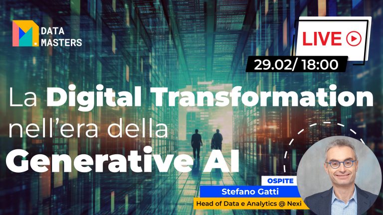Webinar live sulla Digital Transformation nell'era della Generative AI con Stefano Gatti di Nexi il 29 febbraio alle 18:00, illustrato con grafica digitale futuristica