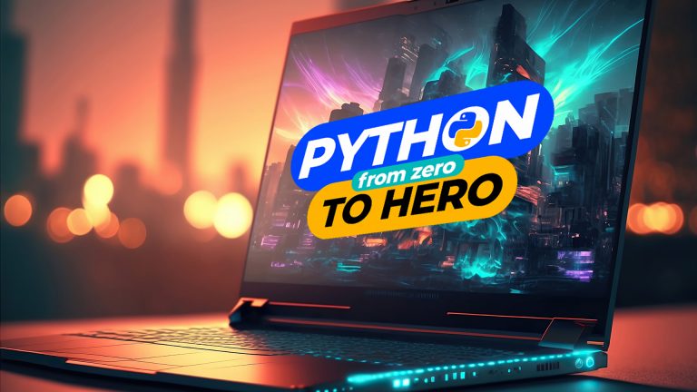Laptop con grafica futuristica visualizzante 'Python from zero to hero', il corso per imparare a programmare in Python.