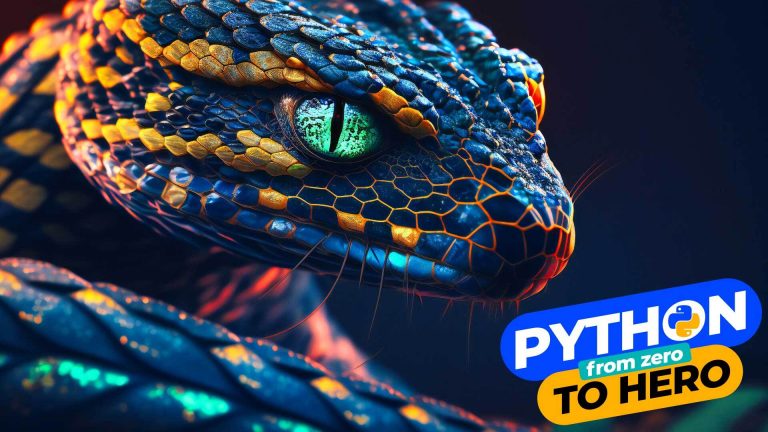 Immagine promozionale del corso "Python from Zero to Hero" con un serpente colorato che simboleggia la trasformazione e la crescita attraverso l'apprendimento di Python, con il titolo del corso in evidenza su uno sfondo sfumato.