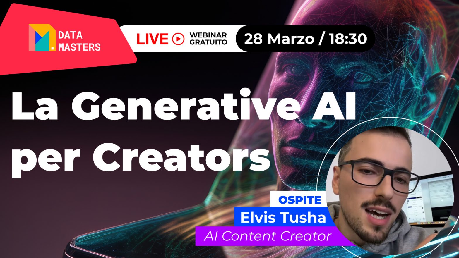 Live Gratuita sulla Generative AI per Creator con ospite Elvis Tusha, esperto nella creazione di contenuti AI.