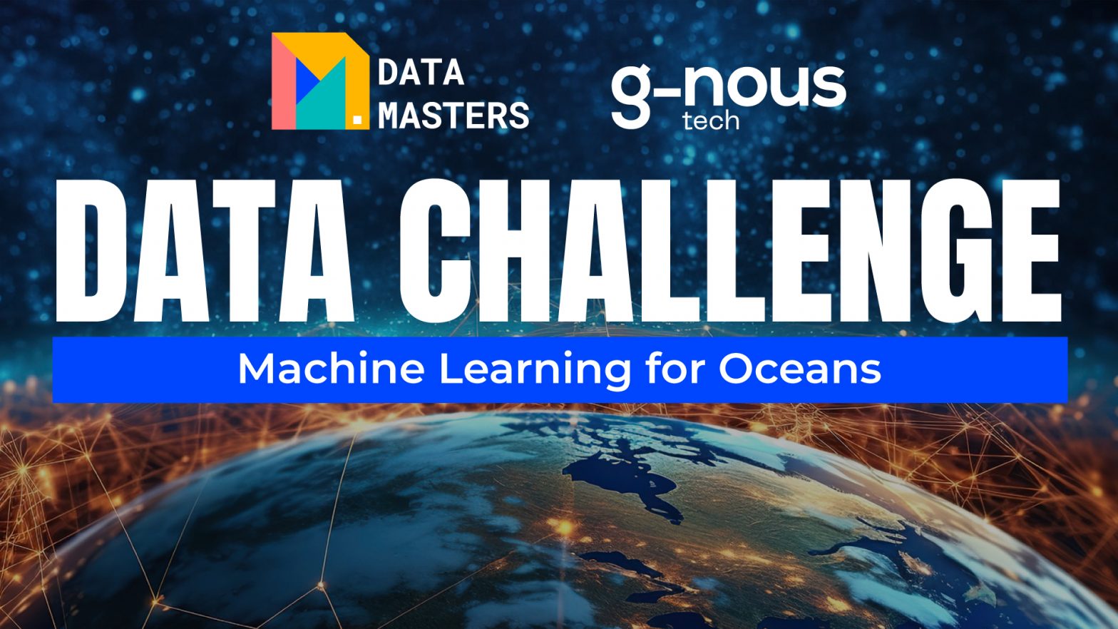 Immagine promozionale della Data Challenge, con i loghi di Data Masters e G-nous Tech, che evidenzia l'impegno nell'utilizzo del machine learning per la conservazione degli oceani
