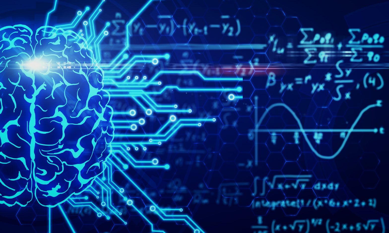 Schematica rappresentazione grafica di un cervello con circuiti e formule matematiche sfocate sullo sfondo, simboleggiando l'integrazione del Machine Learning e la matematica nella tecnologia AI